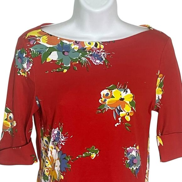 Lauren Ralph Lauren Lot of 2 Tops S/P Boat Neck Stretch Red Floral Blue Geo - Picture 3 of 12